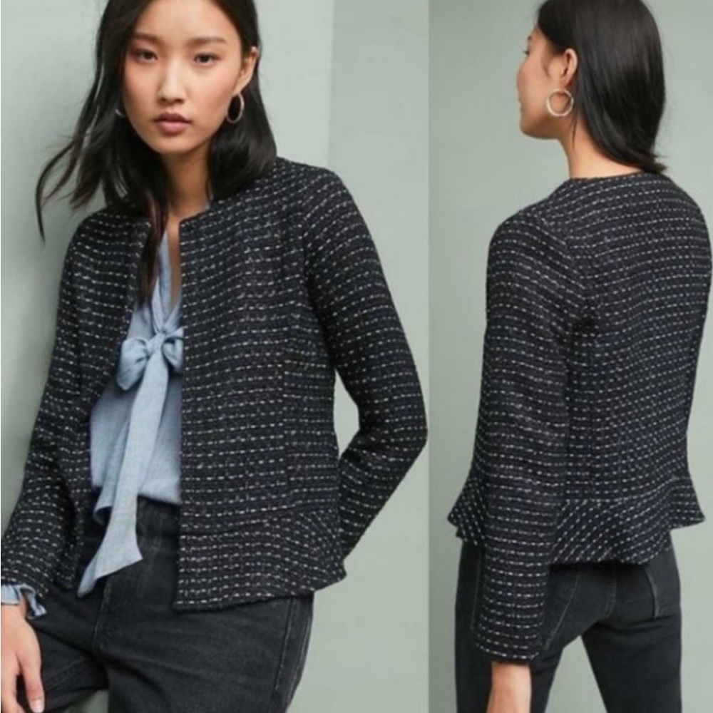 Anthropology Dolan Tweed Peplum Blazer Jacket Blue and Black metallic shimmer